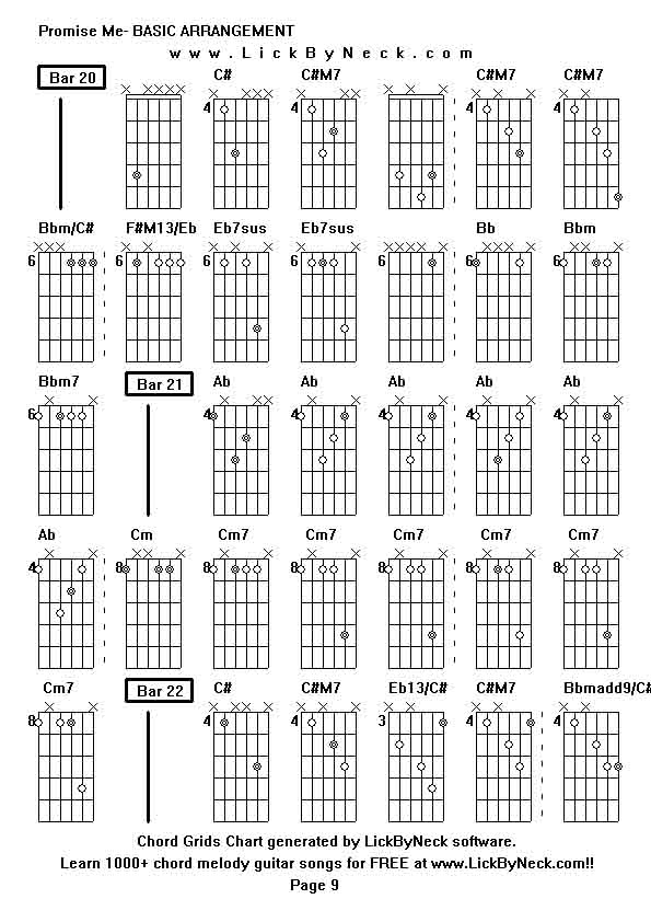 Chord Grids Chart of chord melody fingerstyle guitar song-Promise Me- BASIC ARRANGEMENT,generated by LickByNeck software.